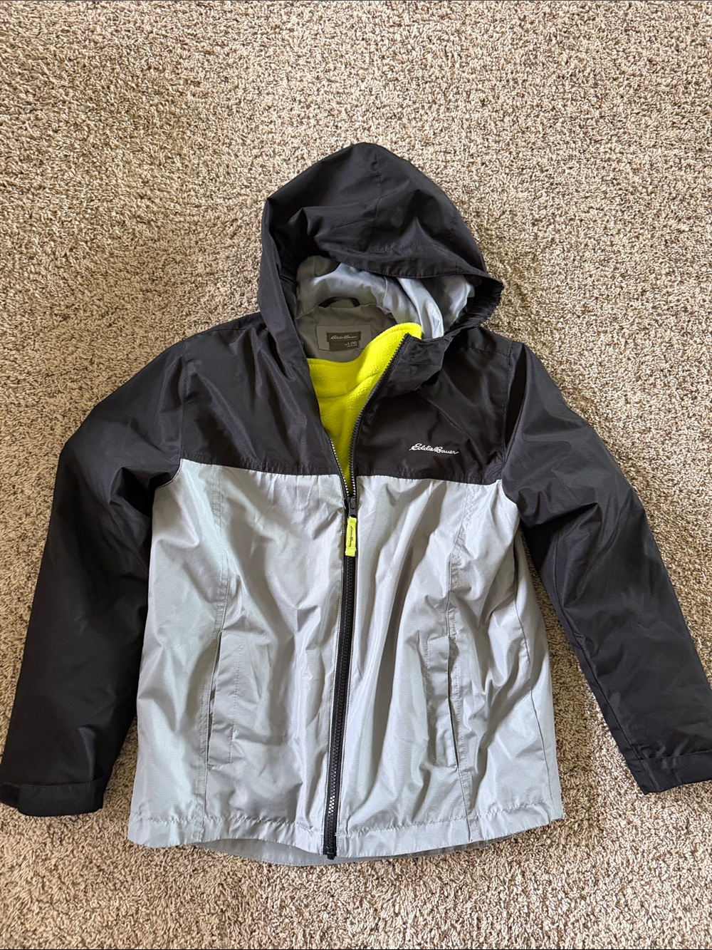 Eddie Bauer Black & Light Gray Hooded Kids Jacket with Yellow Lining